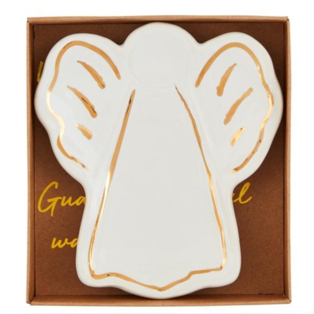 Mud Pie Christmas Angel Long Outline Gold Wing Tidbit Trinket Stoneware Dish New